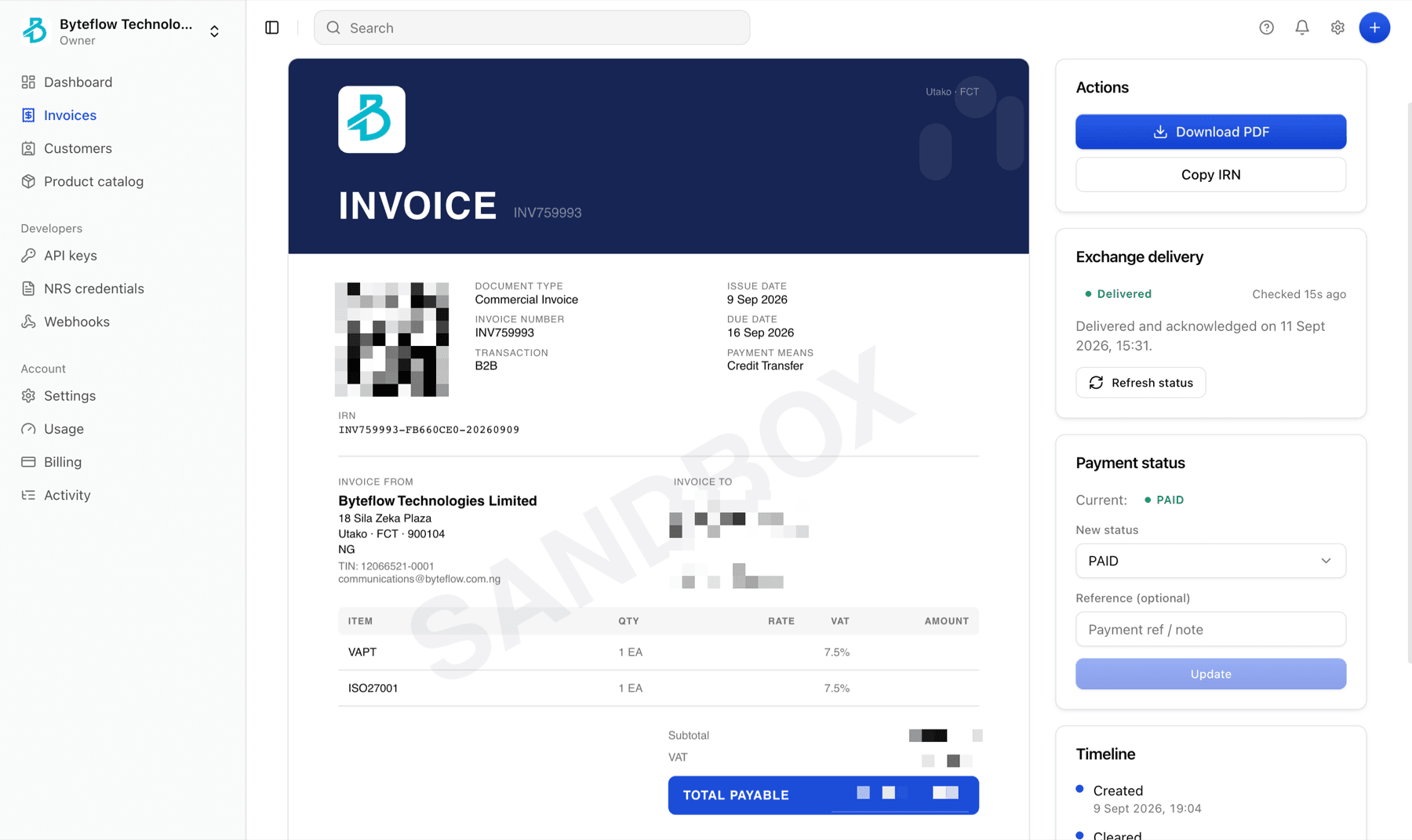 ByteInvoice invoice view in sandbox mode: a commercial invoice with its IRN, line items and VAT rate, an exchange delivery status of Delivered, and payment status Paid. Customer details and amounts are pixelated.